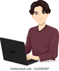 Illustration of North Eastern Asian Teen Guy Student Using Laptop