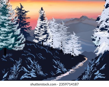 illustration with north fir trees near hills on sunset background