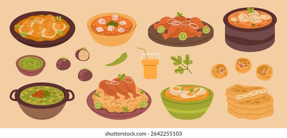 Ilustração de pratos do norte da Índia, incluindo Butter Egg Curry, Dum Aloo, Malai Methi Paneer, Sabut Moong Dal e Makai Dum Paneer Masala com lados e guarnições.