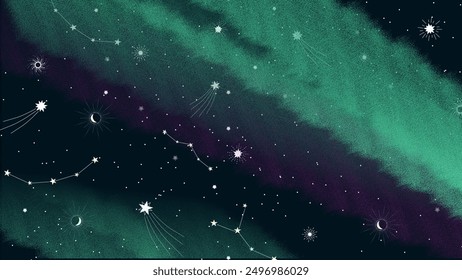 Ilustración de la aurora boreal (Northern Lights) en el cielo nocturno, con constelaciones, estrellas y cuerpos celestes.