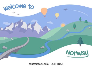 Illustration for Norway Tourism - a landscape with hot air balloons flying over mountains, in the style of a retro postcard or poster.