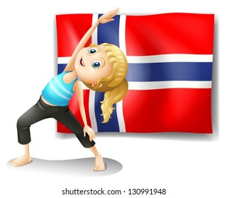 Illustration of a Norwegian flag at the back of a girl exercising on a white background