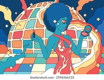 illustration in nostalgic 70s retro style, woman doing makeup, disco	