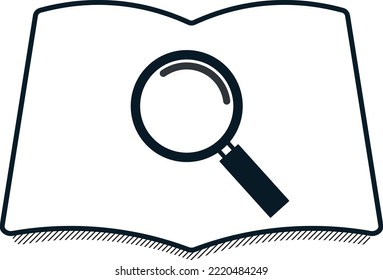 Illustration of a notebook, a book-shaped frame and a magnifying glass for research