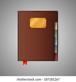 Illustration of notebook. Closed notebook with red ribbon bookmark and brown cover. Isolated illustration on gray.