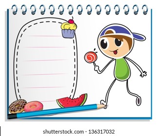 Illustration of a notebook with a drawing of a boy eating a  lollipop candy on a white background