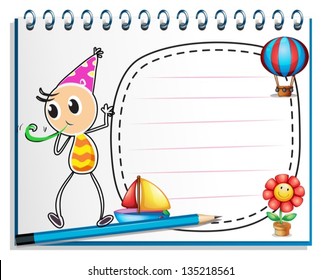 Illustration of a notebook with a drawing of a boy with a party hat on white background