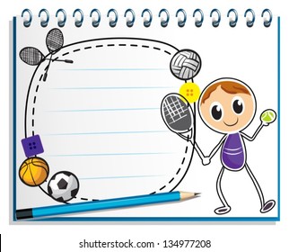 Illustration of a notebook with a drawing of a boy playing tennis on a white background