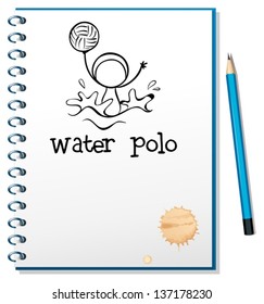 Illustration of a notebook with a drawing of a boy playing water polo on a white background