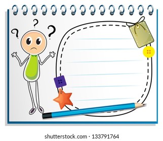 Illustration of a notebook with a drawing of a confused boy on a white background