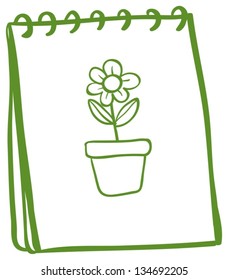Illustration of a notebook with a drawing of a flower in a pot on a white background