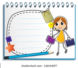 Illustration of a notebook with a drawing of a girl holding bags on a white background