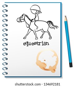 Illustration of a notebook with a drawing of a girl riding a horse on a white background