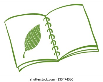 Illustration of a notebook with a drawing of a green leaf on a white background
