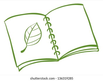 Illustration of a notebook with a drawing of a leaf on a white background