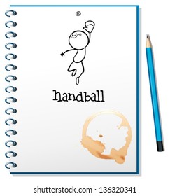 Illustration of a notebook with a drawing of a person doing a handball on a white background