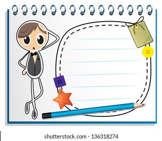 Illustration of a notebook with an empty nametag on a white background