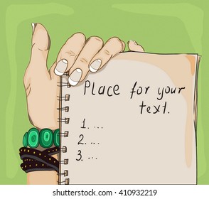 Illustration of notebook fixed in arm with green background