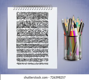 Illustration of notebook with floral borders, colored pencils, pens and marker in holder
