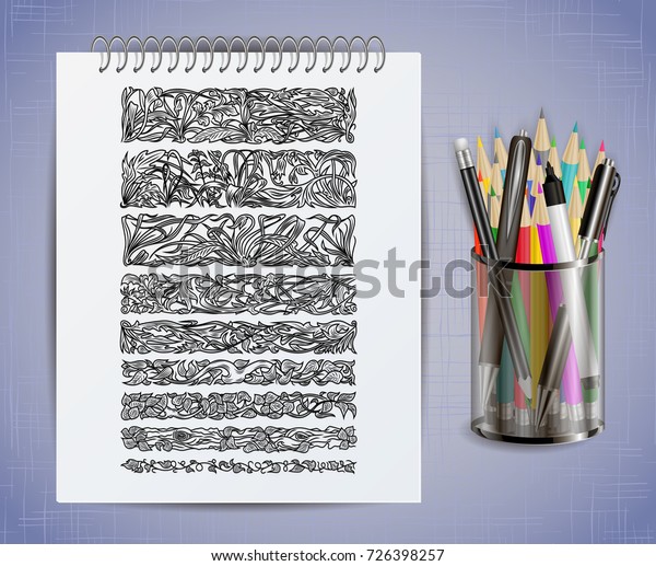 Illustration of notebook with floral borders,\
colored pencils, pens and marker in\
holder\
