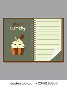 Illustration Notebook Happy Birthday with Cupcake,Candle,Balloon