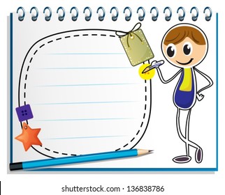 Illustration of a notebook with an image of a boy writing on a white background