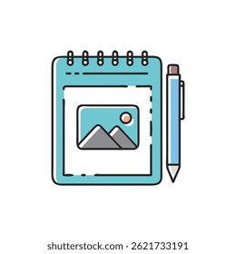 Ilustração de um notebook com imagem de paisagem e caneta. Estilo de gráfico plano. A composição é centralizada com fundo branco.