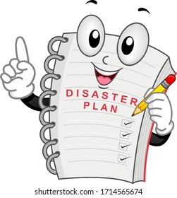 Illustration of a Notebook Mascot with Disaster Plan Checklist Holding a Pencil