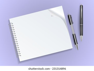 Illustration of notebook on a spring with blank sheet and two pens 