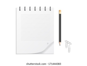 Illustration of notebook on a spring with lined paper, pencil with eraser and clips isolated