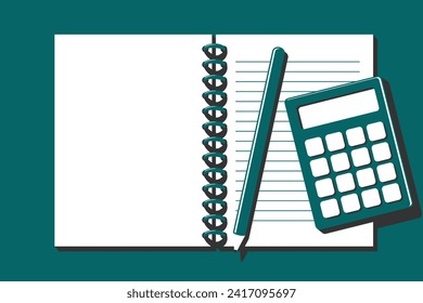 Ilustración del cuaderno con lápiz y calculadora, el lado izquierdo queda en blanco