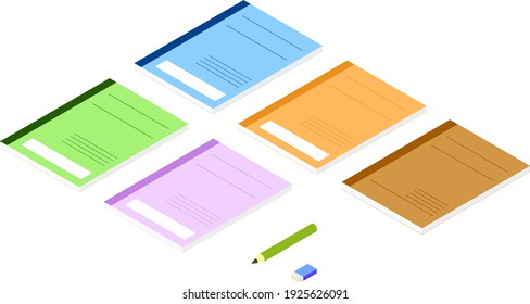 Illustration of notebook, pencil and eraser, isometric