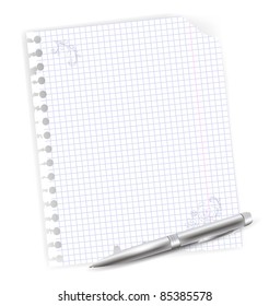 illustration of notebook sheet with drawing and metal ballpoint pen