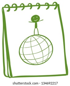 Illustration of a notebook with a sketch of a boy above a globe on a white background