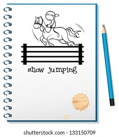 Illustration of a notebook with a sketch of a boy riding a horse on a white background