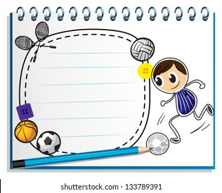 Illustration of a notebook with a sketch of the different sports game on a white background