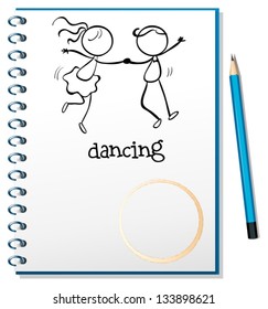 Illustration of a notebook with a sketch of a girl and a boy dancing on a white background