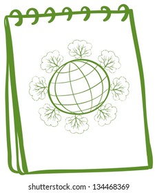 Illustration of a notebook with a sketch of a globe on a white background