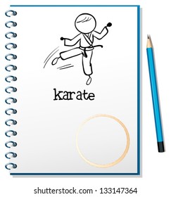 Illustration of a notebook with a sketch of a karate athlete on a white background