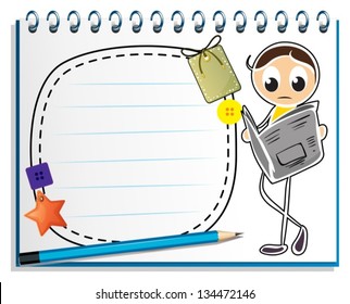 Illustration of a notebook with a sketch of a man reading on a white background