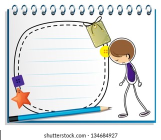 Illustration of a notebook with a sketch of a sad boy on a white background