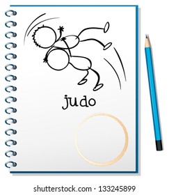 Illustration of a notebook with a sketch of two people doing judo on a white background