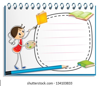 Illustration of a notebook with a sketch of a young girl painting on a white background