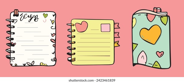 illustration of a notebook Vector hand drawn icon illustration with various objects and note paper. There are many styles and backgrounds