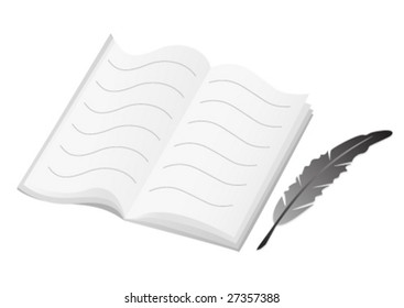 Illustration of a notebook and a writing feather