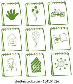 Illustration of the notebooks with different cover page designs on a white background