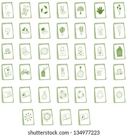 Illustration of the notebooks with eco-friendly logo designs on a white background