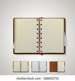 Illustration of notebooks. Open notebooks with bookmarks and brown cover. Isolated illustrations on white.