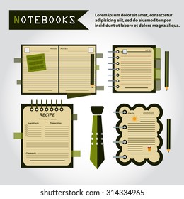 Illustration of notebooks set, copybooks, book for recipes, web icon, vector. Tie icon.