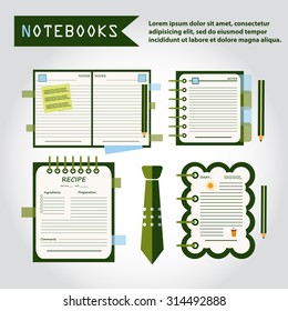 Illustration of notebooks set, copybooks, book for recipes, web icon, vector. Tie icon.